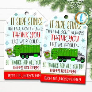 Etiqueta de regalo de agradecimiento del conductor del camión de basura de Navidad, gracias trabajador de primera línea, seguro que apesta a reciclaje, plantilla editable de bricolaje navideño