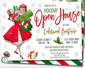 May include: A red and white Christmas-themed invitation with a cartoon woman holding gifts and a wreath. The text reads "Join us for a Holiday Open House at the Cedarwood Boutique" with details about the event, including the date, time, address, and RSVP information.
