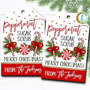 Op de afbeelding: Witte cadeaulabels met kerstontwerpen. De labels tonen de tekst "Peppermint Sugar Scrub" en "Merry Christmas!" met zuurstokken, strikken en een pepermunt snoepje. De onderkant van het label zegt "From: The Jacksons".