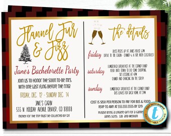 Könnte beinhalten: Eine rot-schwarze karierte Einladung zu einer Junggesellinnenabschiedsparty mit dem Text "Flannel Fur & Fizz" in goldener Glitzer-Schrift. Die Einladung enthält Details für einen Wochenendausflug in eine Hütte, darunter ein Holzfällerfrühstück, Skikurse und Abendessen und Tanzen. Der Text "Jane's Bachelorette Party" ist ebenfalls enthalten.