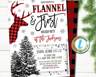 May include: A printable invitation for a "Flannel & Frost" holiday party at the Jacksons. The invitation features a red and black buffalo plaid pattern, a deer with antlers, and a snowy forest scene. The text on the invitation includes the date, time, and location of the party, as well as a request to bring three of the same item and wear a flannel.