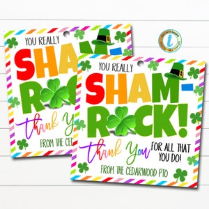 St. Patrick&#39;s Day Shamrock Gift Tags, You Sham-Rock Thank you, Employee School Teacher Staff Nurse Appreciation Gift, DIY Editable Template