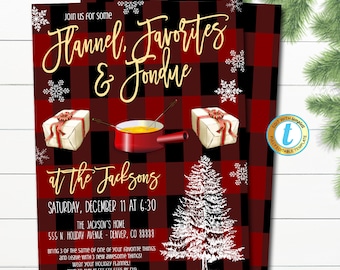 Flannel Favorites and Fondue Party Invite, Adult Christmas Invitation, Holiday Appetizers and Cocktails Dinner Party, EDITABLE TEMPLATE