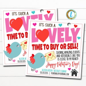 Valentine Realtor Pop By Tags, Es un momento encantador para comprar o vender, etiqueta de regalo de marketing de referencia de bienes raíces, imprimible, plantilla editable de bricolaje