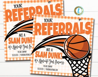 Koszykówka Marketingowa Etykieta Upominkowa, Polecenia są Slam Dunk w Moim Biznesie, Agent Nieruchomości Pop By Tagi, Nieruchomości, Do Wydruku, Szablon Edytowalny DIY