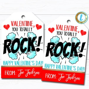 Etiquetas de presente de Valentine You Rock, amigo Valentine, etiqueta de doces de rock em sala de aula, funcionários de professores de escola de música, modelo editável DIY