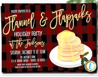 Invitación a fiesta de franela y flapjacks, invitación a cuadros de fiesta de Navidad, panqueques y pijamas, plantilla editable, descarga de autoedición de bricolaje