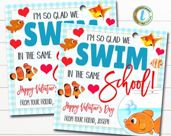 Valentine Goldfish Tags, So glad we swim in the same school, Kid Valentine Card, Elementary Classroom Teacher Staff, DIY Editable Template