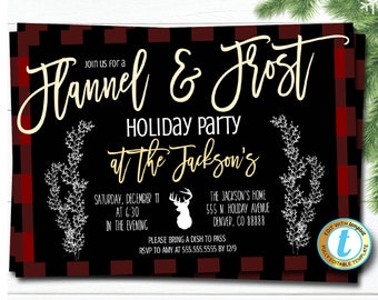 May include: A black and red checked invitation for a "Flannel & Frost" holiday party at the Jackson's home. The party is on Saturday, 11 December at 6:30 PM. Guests are asked to bring a dish to pass and RSVP by 9 December.