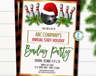 May include: A red and black plaid invitation for a bowling party. The invitation features a bowling ball wearing a Santa hat, three bowling pins, and green holly sprigs. The text reads "Please join us for the ABC Company's Annual Staff Holiday Bowling Party, Saturday, December 11 at 6:30, Thankful Golf Course, 555 N. Holiday Avenue - Denver, CO 88888, Please wear an ugly sweater, RSVP to Amy at 555.555.5555 by 12/19."