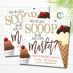 Pop di gelato per tag, Pop immobiliare estivo per tag stampabile, Tag di ringraziamento per marketing immobiliare, Ecco lo scoop, modello modificabile fai da te