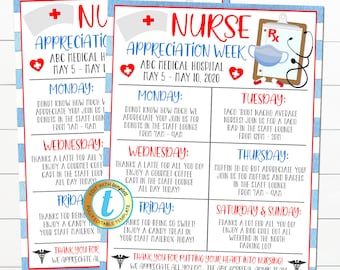 Op de afbeelding: Een printbaar schema voor de Week van Waardering voor Verpleegkundigen in het ABC Medical Hospital. Het schema bevat dagelijkse activiteiten voor verpleegkundigen, zoals donuts, koffie, taco's, muffins en een barbecue. De tekst luidt "Week van Waardering voor Verpleegkundigen, ABC Medical Hospital, 5 mei - 10 mei 2020".