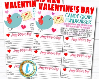 May include: Printable Valentine's Day fundraiser form with a cute cartoon bird design. The form includes spaces to write the recipient's class, message, and sender's name. The text on the form reads "Candy Gram Fundraiser" and "Tell someone how much they mean to you this Valentine's Day for just $2.00".