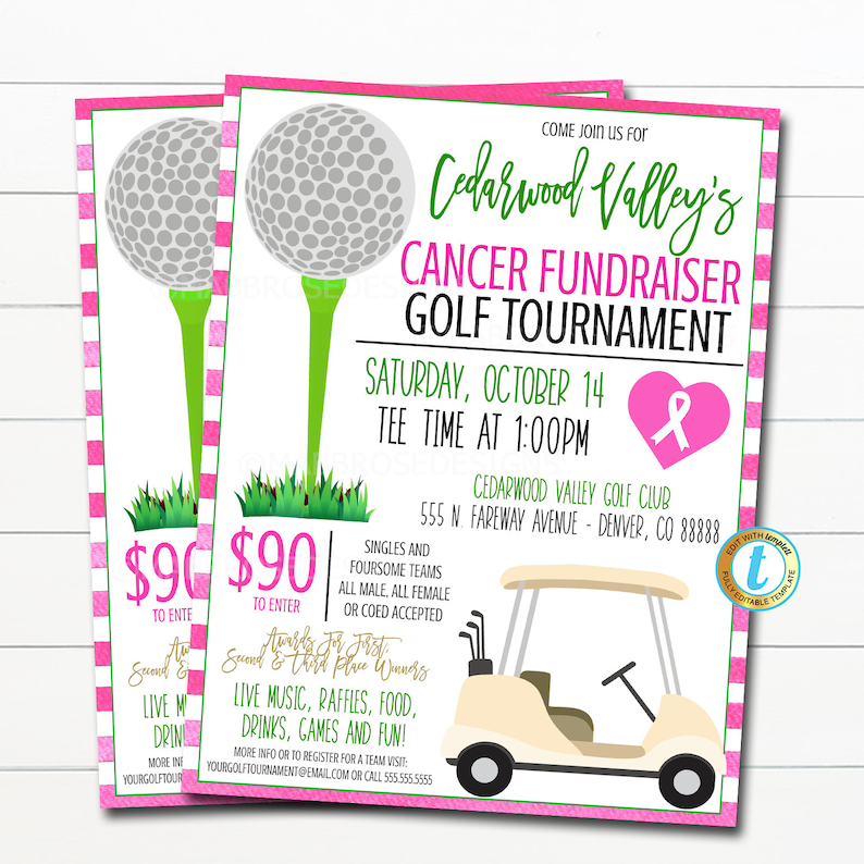 Może przedstawiać: R&oacute;żowe i zielone zaproszenie na turniej golfowy zbierający fundusze na walkę z rakiem organizowany przez Cedarwood Valley. Zaproszenie zawiera piłkę golfową na tee, w&oacute;zek golfowy i r&oacute;żową wstążkę. Wydarzenie odbędzie się w sobotę, 14 października o 13:00 w Cedarwood Valley Golf Club. Koszt udziału wynosi 90 zł.