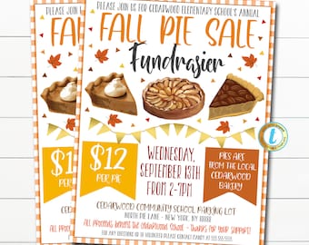 May include: A flyer for a fall pie sale fundraiser at Cedarwood Elementary School. The flyer features a checkered background with images of pies and fall leaves. The text reads "Fall Pie Sale Fundraiser" and includes details about the event, including the date, time, and location. The flyer also states that all proceeds benefit the Cedarwood School.