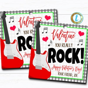 Etiquetas de presente de Valentine You Rock, amigo Valentine, etiqueta de doces de rock em sala de aula, funcionários de professores de escola de música, modelo editável DIY