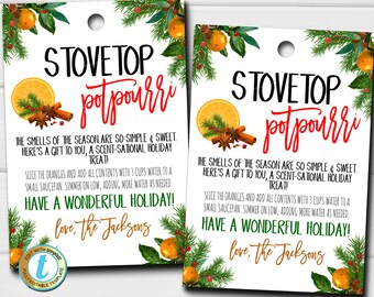 Etiquetas de regalo de popurrí de estufa, aroma navideño navideño, etiqueta de vela, idea de regalo para el personal del maestro de vacaciones, Papá Noel secreto, plantilla editable