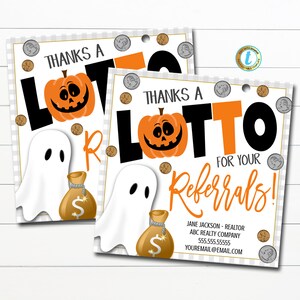 Etykiety upominkowe na Halloween dla agentów nieruchomości, Dziękujemy Lotto za polecenia, Jesienny marketing Pop By Tag, Nieruchomości do wydrukowania DIY Edytowalny szablon
