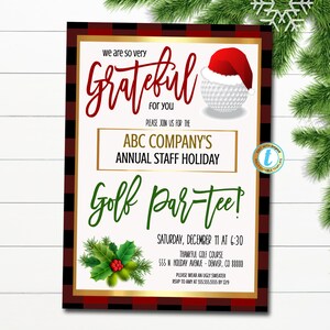 Puede incluir: Una invitación de fiesta navideña de golf con fondo de cuadros rojos y negros. La invitación dice "We are so very grateful for you" y "ABC Company's Annual Staff Holiday Golf Par-tee!" La invitación incluye la fecha, la hora, la ubicación y el código de vestimenta.