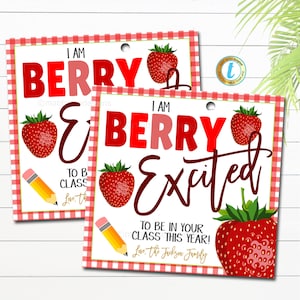 Etykieta na prezent z truskawkami z powrotem do szkoły, jesteś najlepszym nauczycielem Berry, etykieta na smakołyki, Berry podekscytowana, że jest w twojej klasie, edytowalny szablon