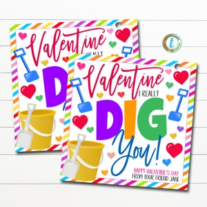 May include: Two colorful Valentine's Day cards with a beach theme. The cards feature a bucket and shovel with the text "Valentine I really DIG You!" and "Happy Valentine's Day from your friend Jane".
