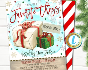 May include: A Christmas party invitation with a watercolor illustration of two wrapped presents. The text reads "Join us for a Favorite Things Holiday Party hosted by Jane Jackson. Thursday, December 17 at 6:00pm. 555 North Holiday Lane - Denver CO 88888. Bring 5 of the same of your favorite things and leave with 5 new amazing things! Bring an appetizer to share! RSVP to Amy at 5555555555 by 12/12."