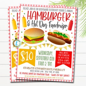 Hot Dog und Hamburger Dinner Flyer, bearbeitbare Hamburger Fundraiser Einladung, pto pta Church School Charity, Hamburger Fundraiser Vorlage