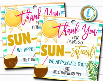 Thank You Tag, Thanks for Being Sun-sational, Tropical Beach Teacher Staff Employee Nurse Volunteer Appreciation Gift, DIY Editable Template
