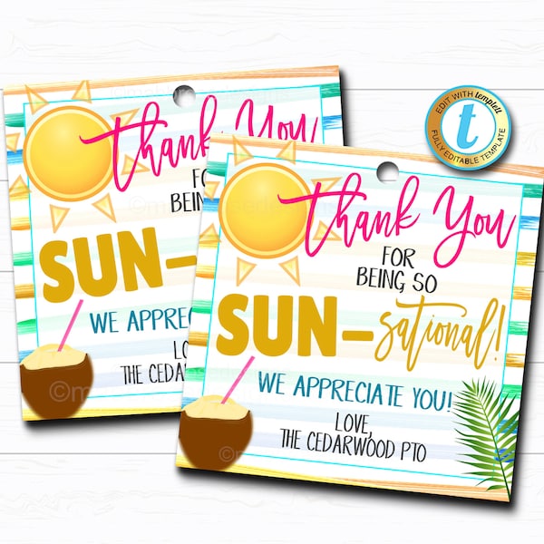 Thank You Tag, Thanks for Being Sun-sational, Tropical Beach Teacher Staff Employee Nurse Volunteer Appreciation Gift, DIY Editable Template