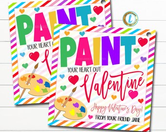 Puede incluir: Dos tarjetas de San Valentín con el texto "PAINT YOUR HEART OUT Valentine" en colores brillantes. Las tarjetas presentan una paleta de pintura, corazones y un borde a rayas. También se incluye el texto "Happy Valentine's Day!"