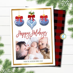 Plantilla de tarjeta fotográfica navideña, tarro de jengibre azul y blanco preppy navideño, invitación chic de chinoiserie sureña, cuadros navideños, descarga editable