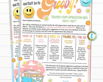 Teacher Appreciation Week Itinerary, Peace Love Teach, Groovy Hippie 60's 70's Retro Theme, Schedule Events Printable EDITABLE TEMPLATE