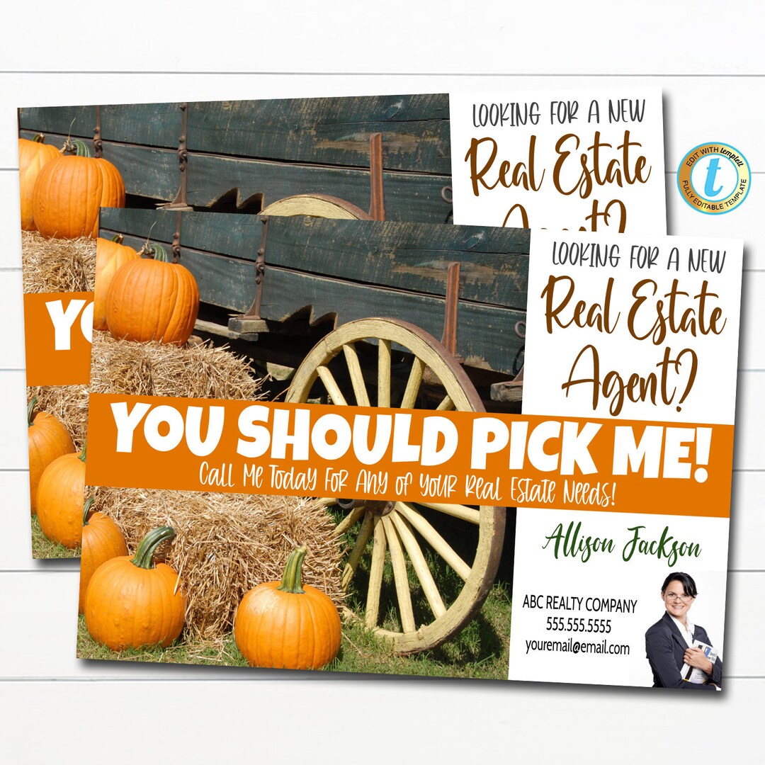 Fall Real Estate Postcard, Pick Me Pumpkin Promo, Autumn Fall Real