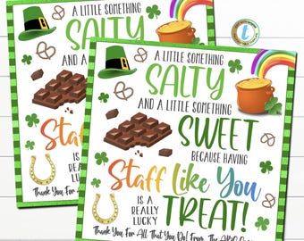 St. Patrick's Day Chocolate Pretzel Gift Tag, Teacher Staff Employee School Appreciation Week Gift, Salty Sweet Treat Thank You, Editable