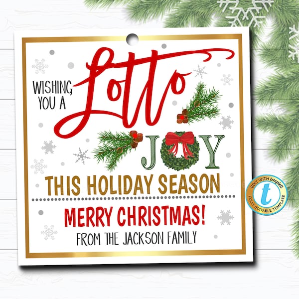 Christmas Lottery Ticket Gift Tag, Wishing you a Lotto Joy, Holiday Teacher Staff Employee Tag, School Pto Pta Xmas, DIY Editable Template