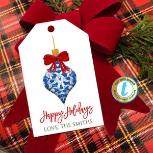 Kerstgemberpot Ornament Cadeaukaartjes, Elegante Rood Lint Preppy Vakantie Zuidelijke Stijl, Chinoiserie Chic, DIY Bewerkbare Sjabloon, Download
