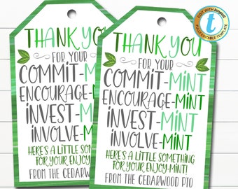 Thank You Mint Tags, Volunteer Mint Labels, Thank You Gift, School pto pta Staff Employee Teacher Appreciation Gift, DIY Editable Template