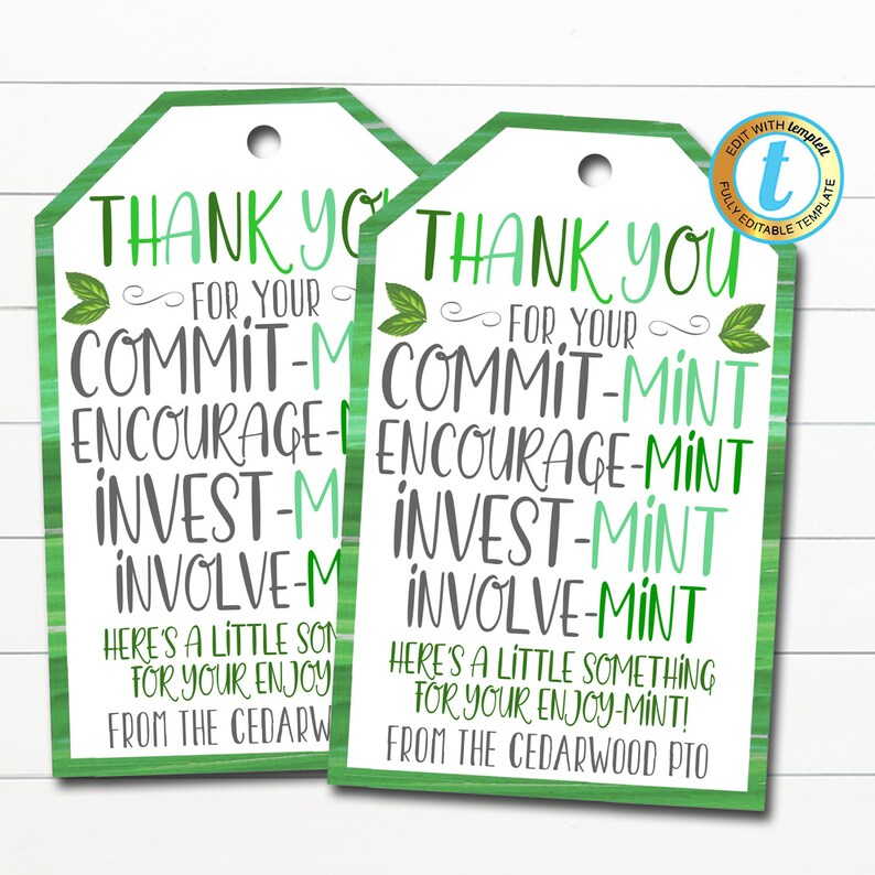 Thank You Mint Tags, Volunteer Mint Labels, Thank You Gift, School Pto ...