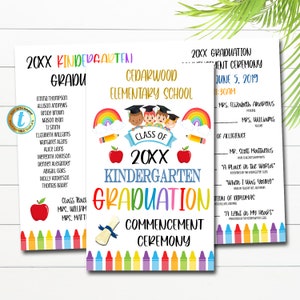 May include: A printable graduation invitation for a kindergarten class. The invitation features a rainbow, crayons, a red apple, and a graduation cap. The text on the invitation reads "20XX Kindergarten Graduation Commencement Ceremony".