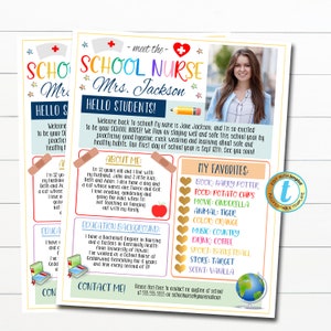 Conozca la carta de la enfermera de la escuela Nota imprimible de regreso a la escuela Boletín de enfermería Carta de bienvenida a la clase Plantilla de volante Plantilla editable Descargar