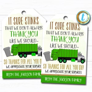 Garbage Truck Driver Appreciation Gift Tag, Thank You Gift Frontlines Worker, It Sure Stinks Recycling Service Worker DIY Editable Template