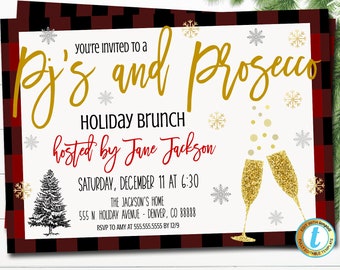 Pyjama & Prosecco kerstfeestuitnodiging, bachelorette vakantie brunch geruite uitnodiging, cocktailparty, sjabloon DIY zelfbewerking downloaden