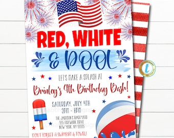 May include: Red, white, and blue birthday party invitation with a watercolor background and fireworks. The invitation says "Let's make a splash at Brinley's 4th Birthday Bash!" and includes details about the party, including the date, time, and location.