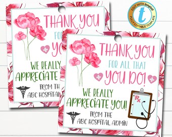 Nurse Appreciation Gift Tag, Thank You Frontlines Worker, Medical Hospital Staff Doctor Gift, Nurse Appreciation Week DIY Editable Template