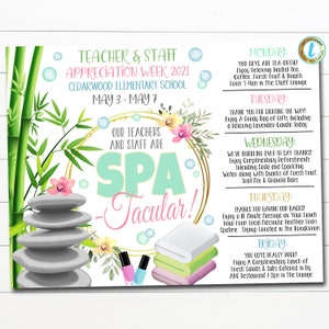 Op de afbeelding: Een kleurrijk, printbaar bord voor de Week van waardering voor leraren en personeel. Het bord heeft een spa-thema met de tekst "Onze leraren en personeel zijn SPA-Tacular!" en een schema met dagelijkse activiteiten voor de week. De activiteiten omvatten ontspannende kruidenthee, koffie, vers fruit, bagels, een goodie bag met cadeaus, gratis verfrissingen, een 10 minuten durende massage en een verzorgde lunch.