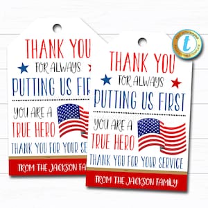 Amerikaanse held waardering cadeau tag, dank u cadeau militaire soldaat eerste responder, politie patriottische dienst werknemer, DIY bewerkbare sjabloon
