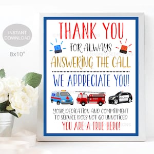 First Responders Appreciation Sign, Thank You For Always Answering the Call, Police EMT Firefighter Public Service Worker, INSTANT DOWNLOAD