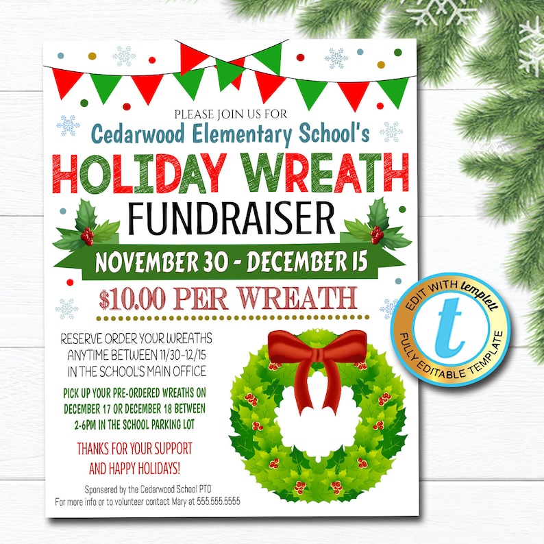 Christmas Wreath Fundraiser Flyer Holiday School Church Pto | Etsy