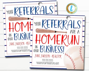 Baseball Marketing Gift Tag, Referrals are the Home Run of My Business, Realtor Pop By Tags, Real Estate, Printable, DIY Editable Template