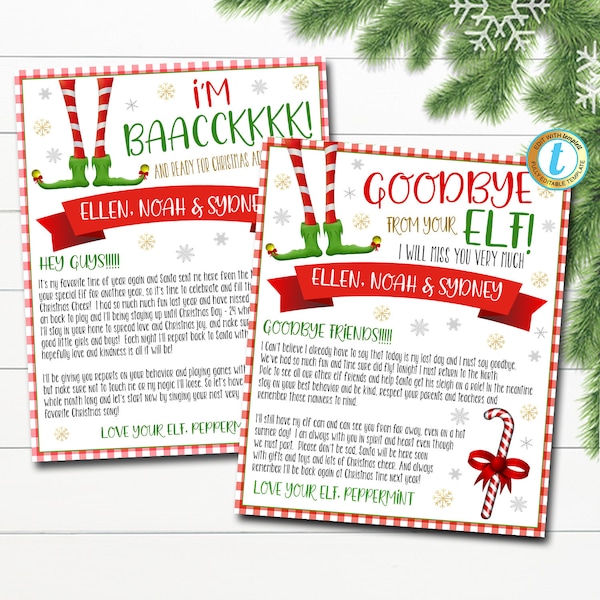 Elf Letter Set, I'm Back Hello from your Elf, Goodbye from Elf Arrival Letter and Farewell Letters, Christmas Printables, EDITABLE TEMPLATE